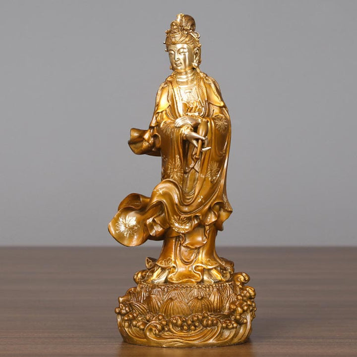 Estatua de cobre de Kwan Yin Avalokitesvara sosteniendo un jarrón Buda Stones Armonía de latón Decoración para el hogar