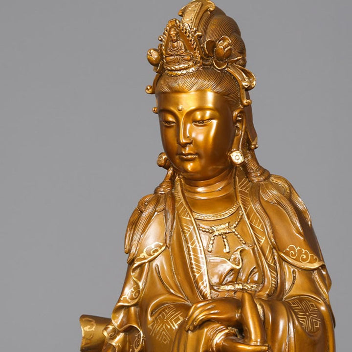 Estatua de cobre de Kwan Yin Avalokitesvara sosteniendo un jarrón Buda Stones Armonía de latón Decoración para el hogar