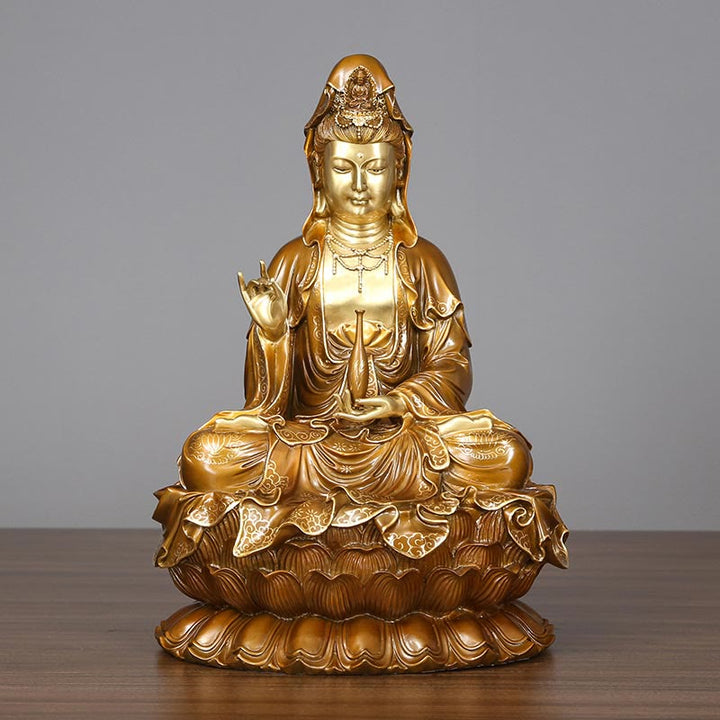 Buddha Stones Estatua de Kwan Yin Avalokitesvara Sentado en Flor de Loto Armonía de Latón y Cobre para Decoración de Altar en Hogar