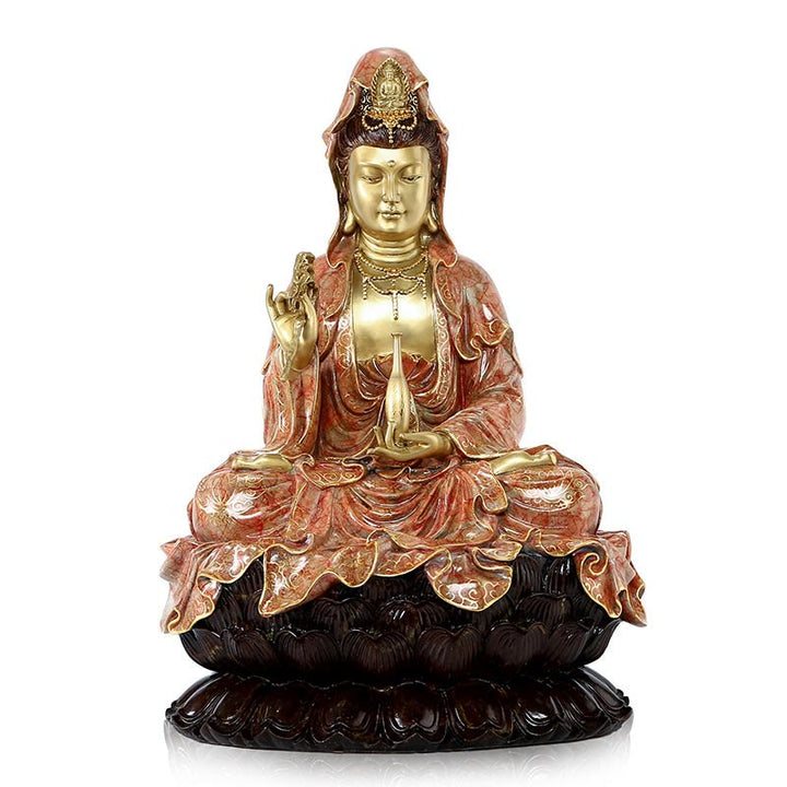 Buddha Stones Estatua de Kwan Yin Avalokitesvara Sentado en Flor de Loto Armonía de Latón y Cobre para Decoración de Altar en Hogar
