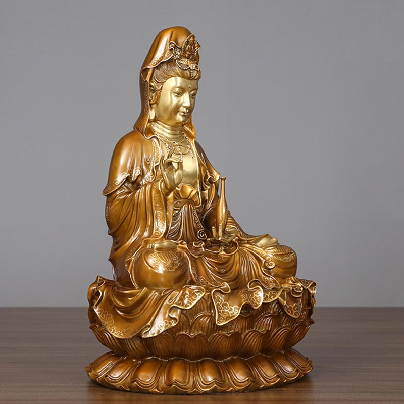 Buddha Stones Estatua de Kwan Yin Avalokitesvara Sentado en Flor de Loto Armonía de Latón y Cobre para Decoración de Altar en Hogar