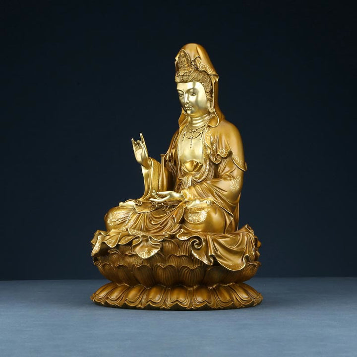 Buddha Stones Estatua de Kwan Yin Avalokitesvara Sentado en Flor de Loto Armonía de Latón y Cobre para Decoración de Altar en Hogar