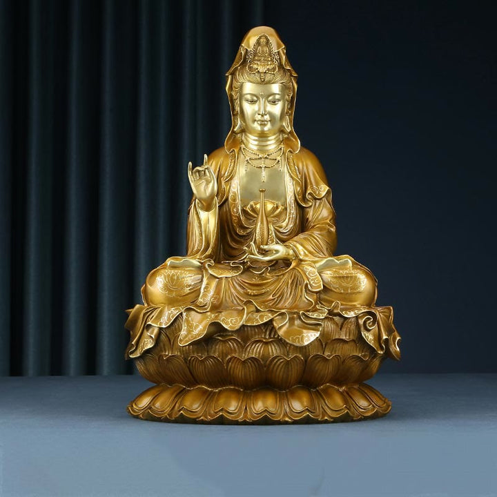 Buddha Stones Estatua de Kwan Yin Avalokitesvara Sentado en Flor de Loto Armonía de Latón y Cobre para Decoración de Altar en Hogar - Avalokitesvara dorado 27*25*41cm - image 0