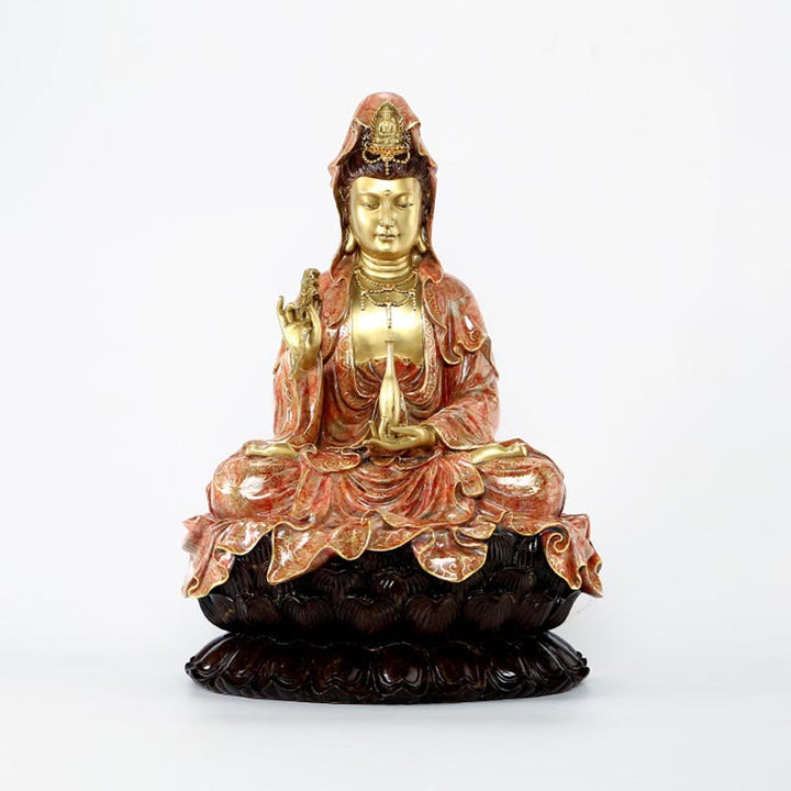Buddha Stones Estatua de Kwan Yin Avalokitesvara Sentado en Flor de Loto Armonía de Latón y Cobre para Decoración de Altar en Hogar