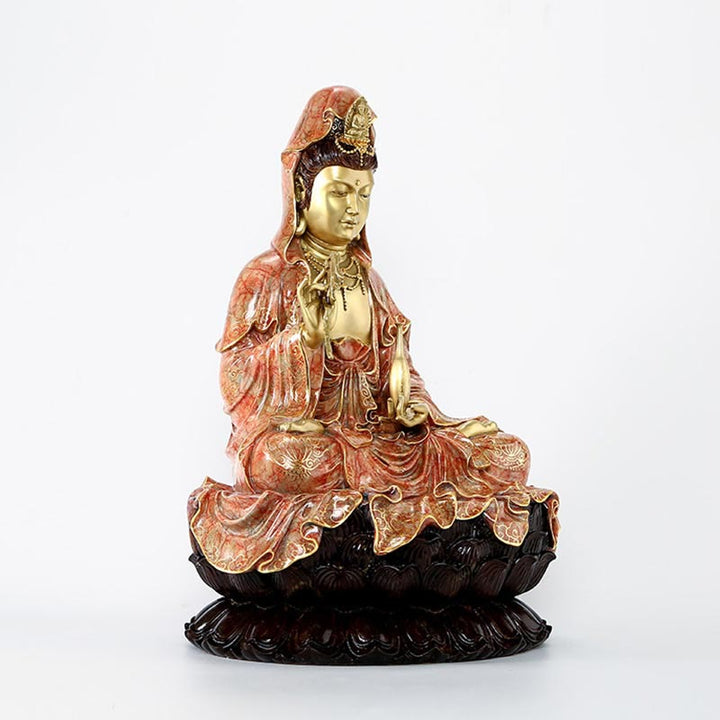 Buddha Stones Estatua de Kwan Yin Avalokitesvara Sentado en Flor de Loto Armonía de Latón y Cobre para Decoración de Altar en Hogar