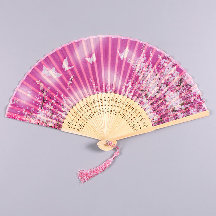 Abanico plegable de bambú de mano con flores de mariposa y Buddha Stones