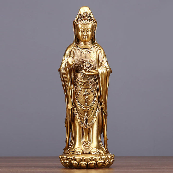 Buddha Stones Kwan Yin Avalokitesvara Sosteniendo La Rueda del Dharma Estatua de Riqueza de Latón y Cobre Decoración