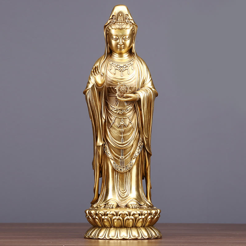 Buddha Stones Kwan Yin Avalokitesvara Sosteniendo La Rueda del Dharma Estatua de Riqueza de Latón y Cobre Decoración