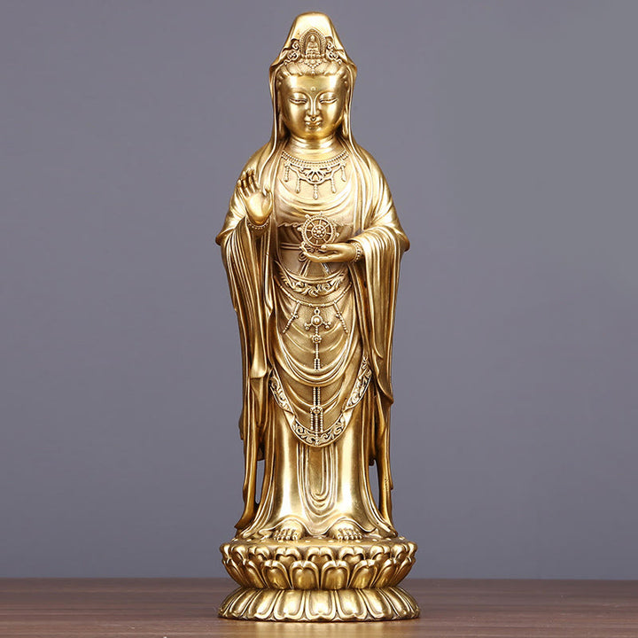 Buddha Stones Kwan Yin Avalokitesvara Sosteniendo La Rueda del Dharma Estatua de Riqueza de Latón y Cobre Decoración
