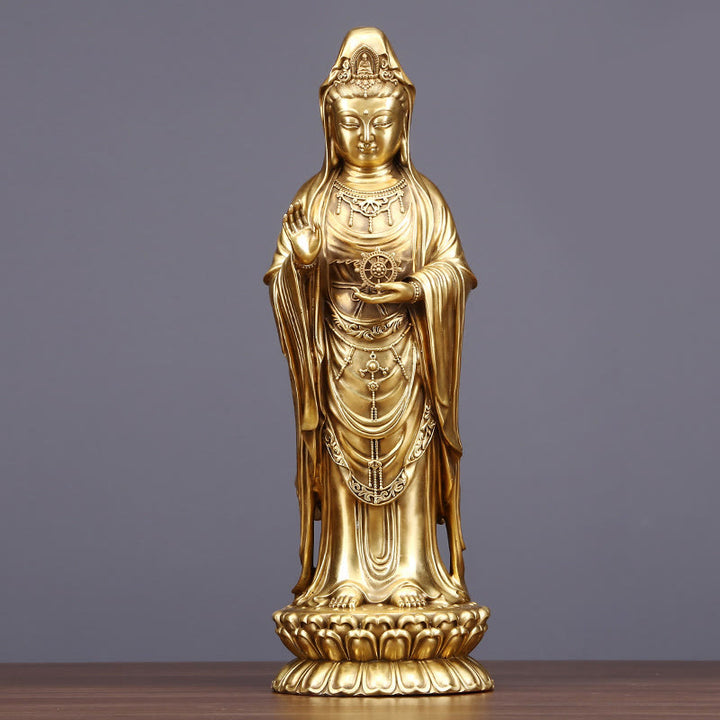 Buddha Stones Kwan Yin Avalokitesvara Sosteniendo La Rueda del Dharma Estatua de Riqueza de Latón y Cobre Decoración