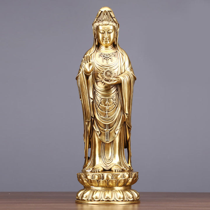 Buddha Stones Kwan Yin Avalokitesvara Sosteniendo La Rueda del Dharma Estatua de Riqueza de Latón y Cobre Decoración
