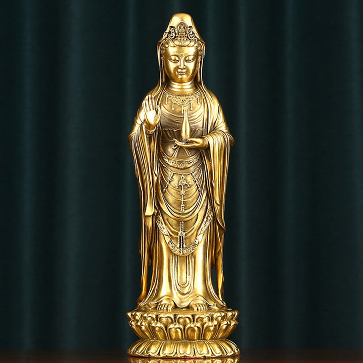 Buddha Stones Kwan Yin Avalokitesvara Sosteniendo La Rueda del Dharma Estatua de Riqueza de Latón y Cobre Decoración