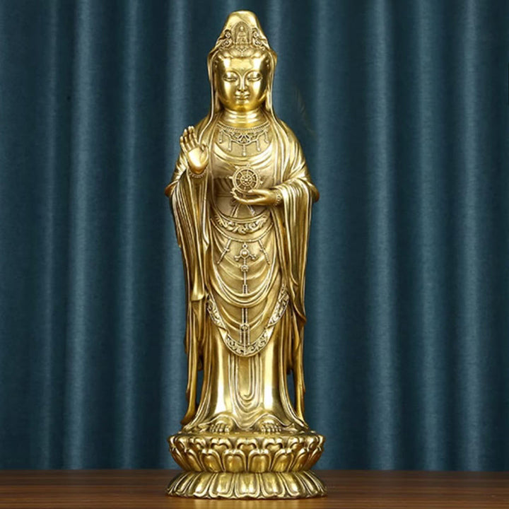 Buddha Stones Kwan Yin Avalokitesvara Sosteniendo La Rueda del Dharma Estatua de Riqueza de Latón y Cobre Decoración