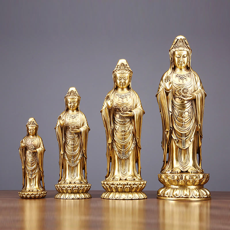 Buddha Stones Kwan Yin Avalokitesvara Sosteniendo La Rueda del Dharma Estatua de Riqueza de Latón y Cobre Decoración