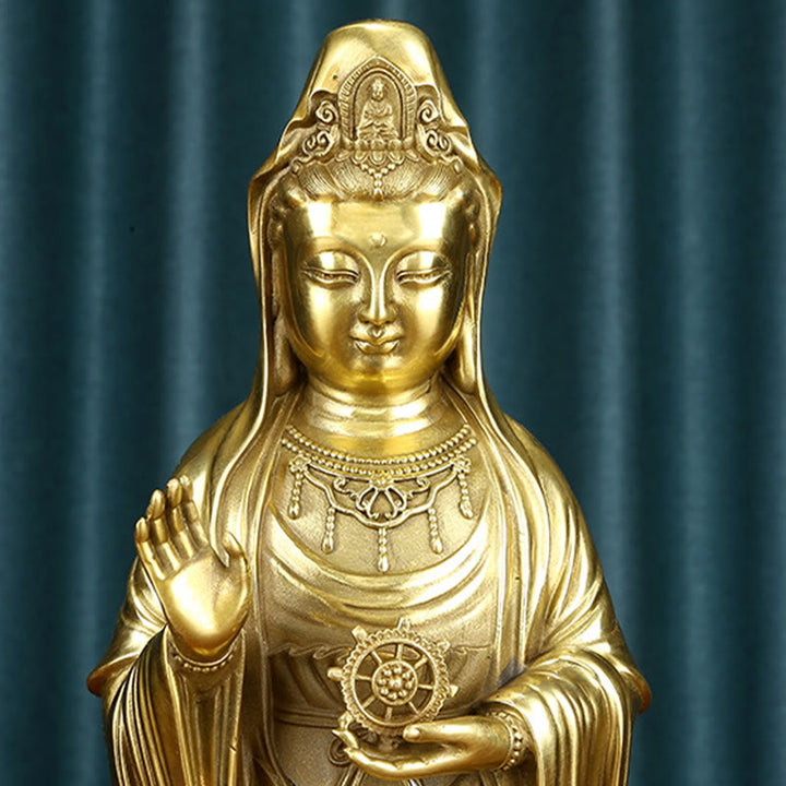 Buddha Stones Kwan Yin Avalokitesvara Sosteniendo La Rueda del Dharma Estatua de Riqueza de Latón y Cobre Decoración