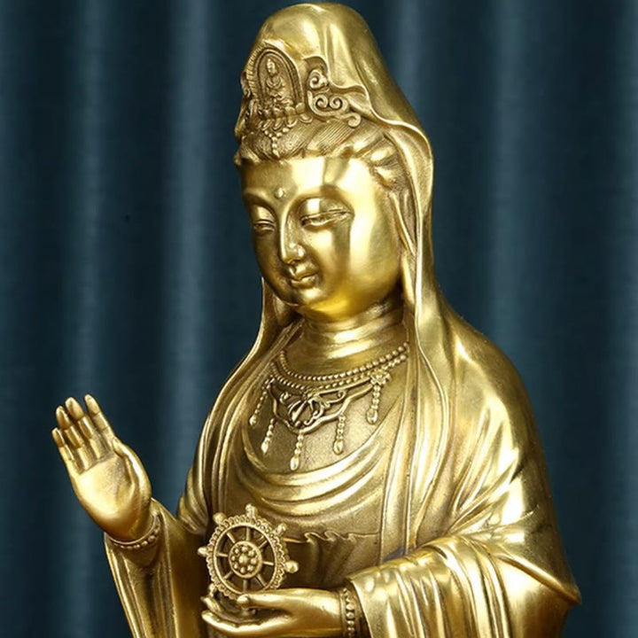 Buddha Stones Kwan Yin Avalokitesvara Sosteniendo La Rueda del Dharma Estatua de Riqueza de Latón y Cobre Decoración - image 13