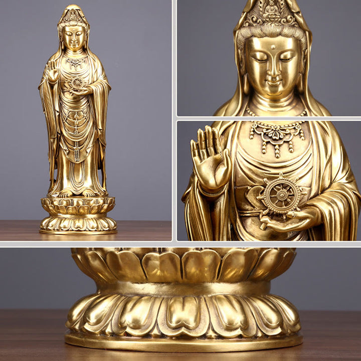 Buddha Stones Kwan Yin Avalokitesvara Sosteniendo La Rueda del Dharma Estatua de Riqueza de Latón y Cobre Decoración