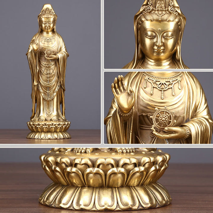 Buddha Stones Kwan Yin Avalokitesvara Sosteniendo La Rueda del Dharma Estatua de Riqueza de Latón y Cobre Decoración