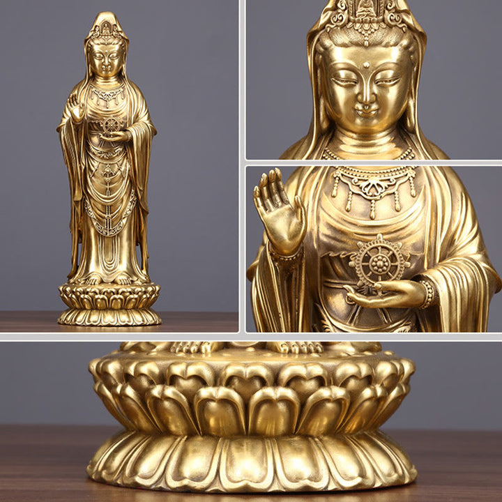 Buddha Stones Kwan Yin Avalokitesvara Sosteniendo La Rueda del Dharma Estatua de Riqueza de Latón y Cobre Decoración