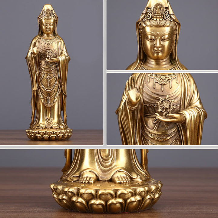 Buddha Stones Kwan Yin Avalokitesvara Sosteniendo La Rueda del Dharma Estatua de Riqueza de Latón y Cobre Decoración - image 3