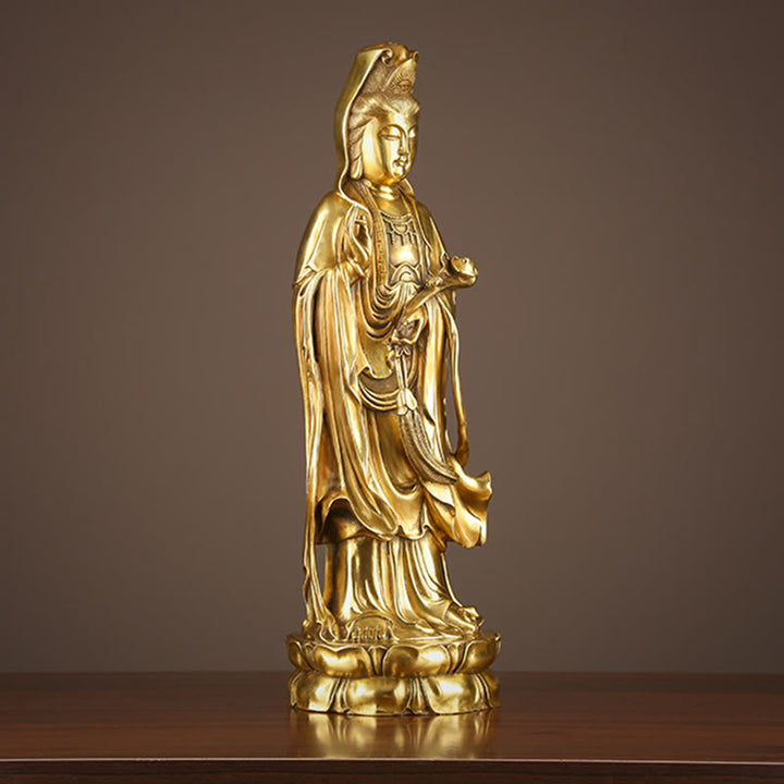 Buddha Stones Kwan Yin Avalokitesvara Sosteniendo La Rueda del Dharma Estatua de Riqueza de Latón y Cobre Decoración
