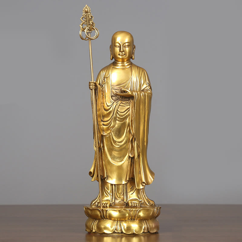Figura del Bodhisattva Ksitigarbha de Buddha Stones Estatua de Cobre de Compasión Decoración para Ofrendas en el Hogar