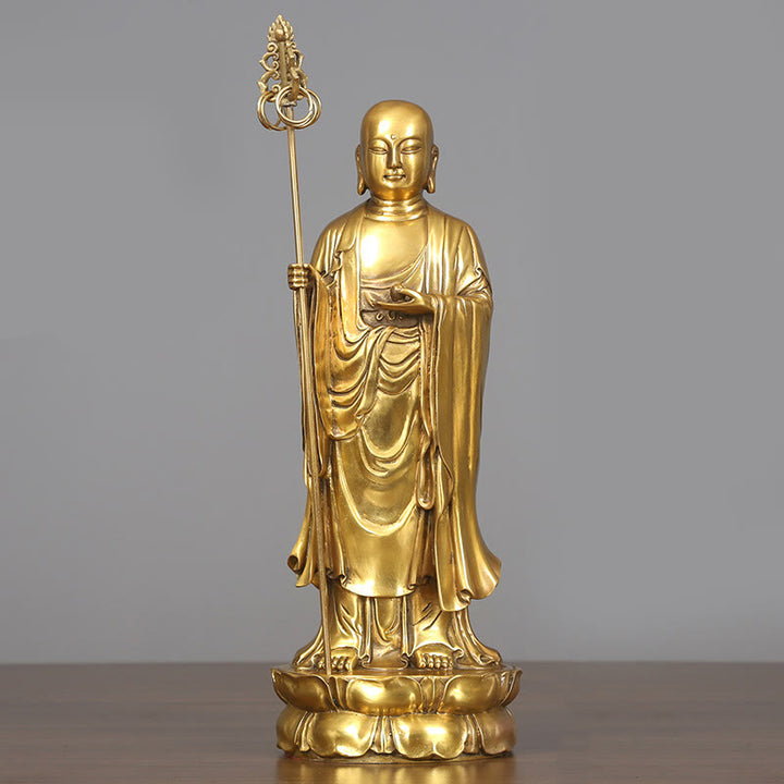 Figura del Bodhisattva Ksitigarbha de Buddha Stones Estatua de Cobre de Compasión Decoración para Ofrendas en el Hogar