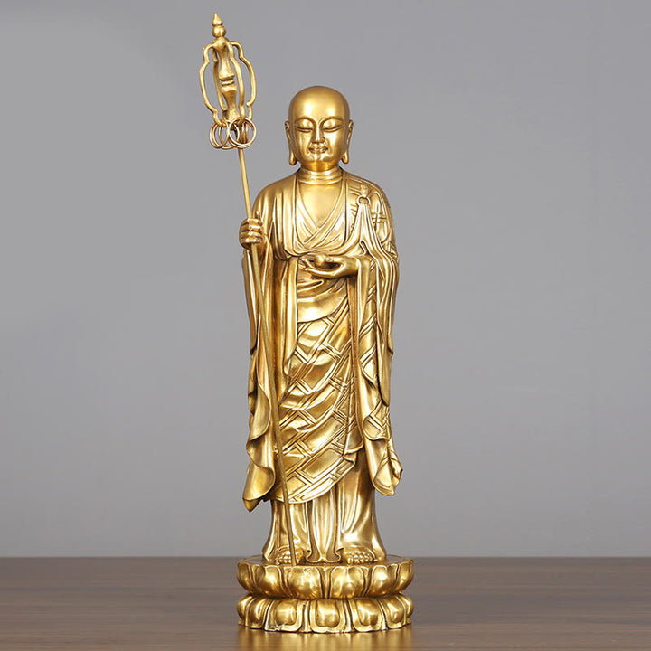 Figura del Bodhisattva Ksitigarbha de Buddha Stones Estatua de Cobre de Compasión Decoración para Ofrendas en el Hogar