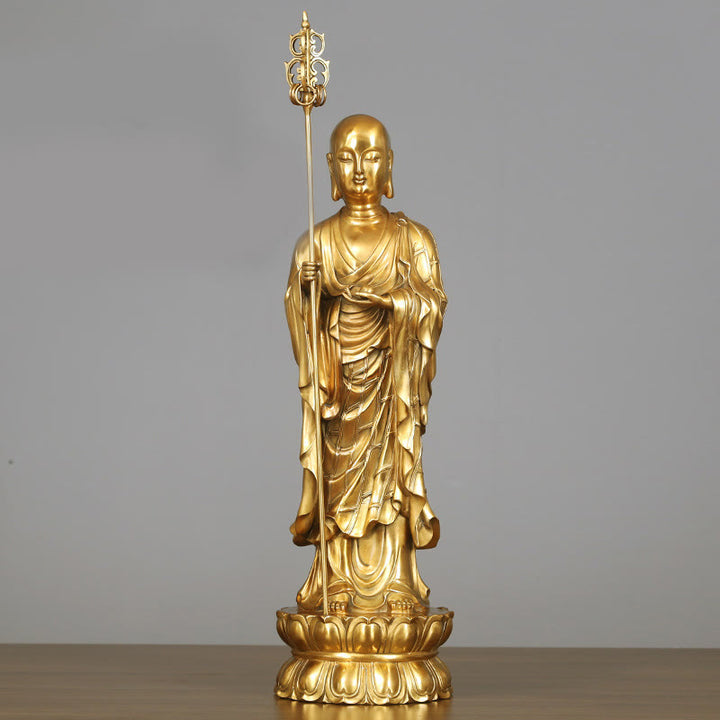 Figura del Bodhisattva Ksitigarbha de Buddha Stones Estatua de Cobre de Compasión Decoración para Ofrendas en el Hogar