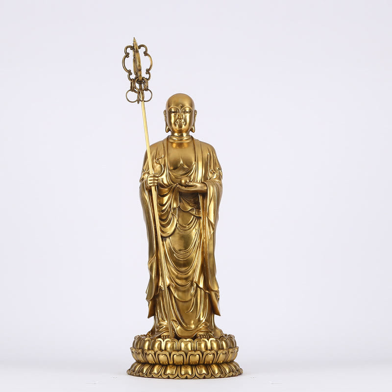 Figura del Bodhisattva Ksitigarbha de Buddha Stones Estatua de Cobre de Compasión Decoración para Ofrendas en el Hogar