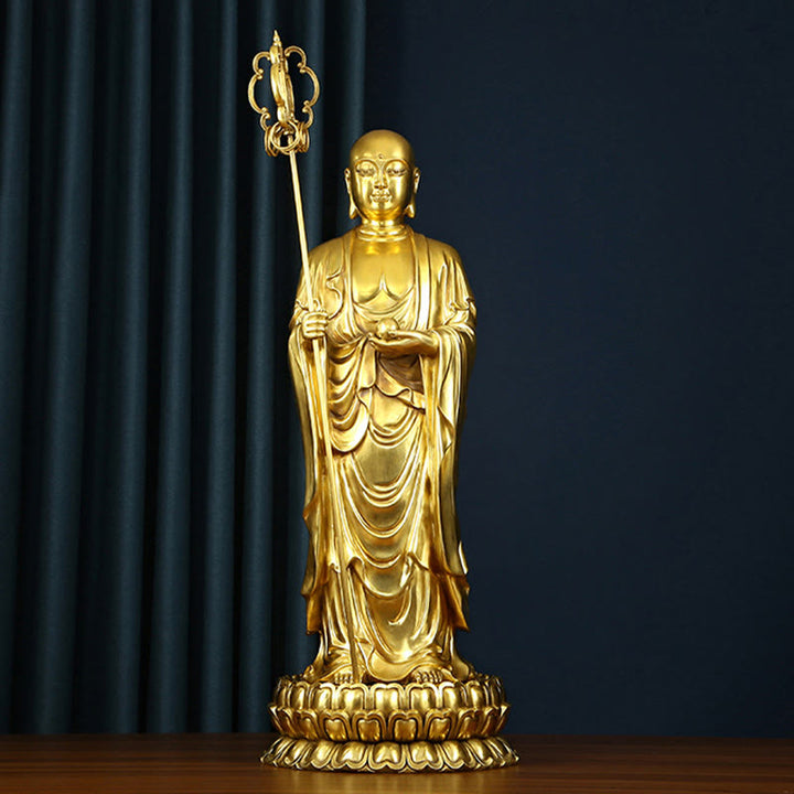 Figura del Bodhisattva Ksitigarbha de Buddha Stones Estatua de Cobre de Compasión Decoración para Ofrendas en el Hogar