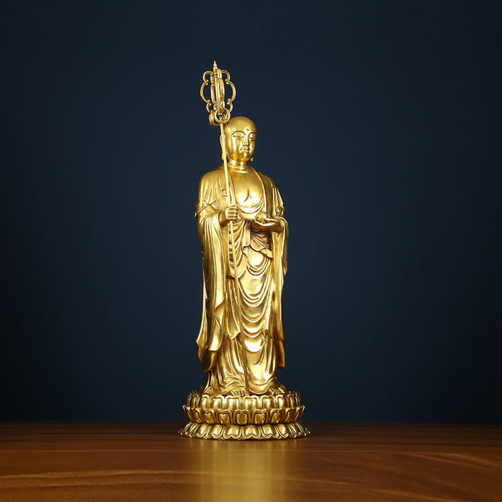 Figura del Bodhisattva Ksitigarbha de Buddha Stones Estatua de Cobre de Compasión Decoración para Ofrendas en el Hogar
