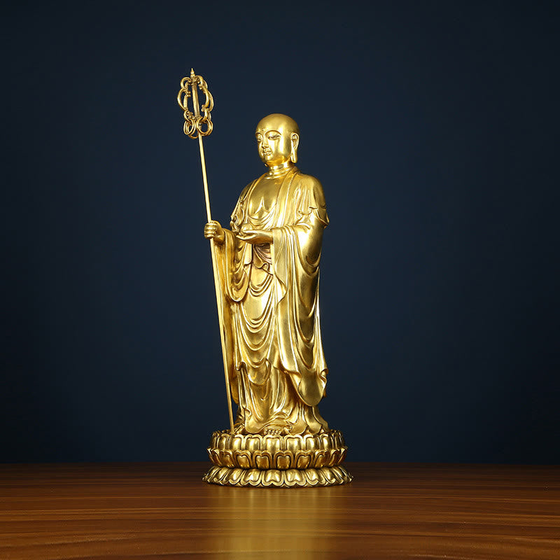 Figura del Bodhisattva Ksitigarbha de Buddha Stones Estatua de Cobre de Compasión Decoración para Ofrendas en el Hogar