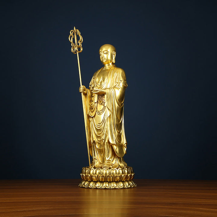 Figura del Bodhisattva Ksitigarbha de Buddha Stones Estatua de Cobre de Compasión Decoración para Ofrendas en el Hogar