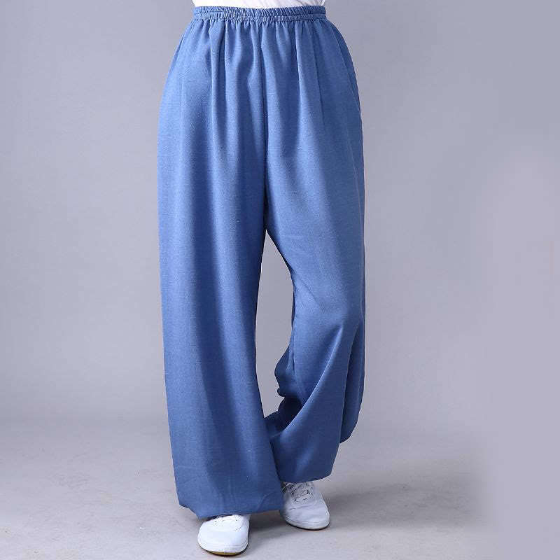 Pantalones de verano de Buddha Stones con cintura elástica para la práctica de Tai Chi y Qigong, de algodón y lino unisex - Azul aciano - 3XL- APTO PARA US. UK/ AU/UE - 2XL - image 8