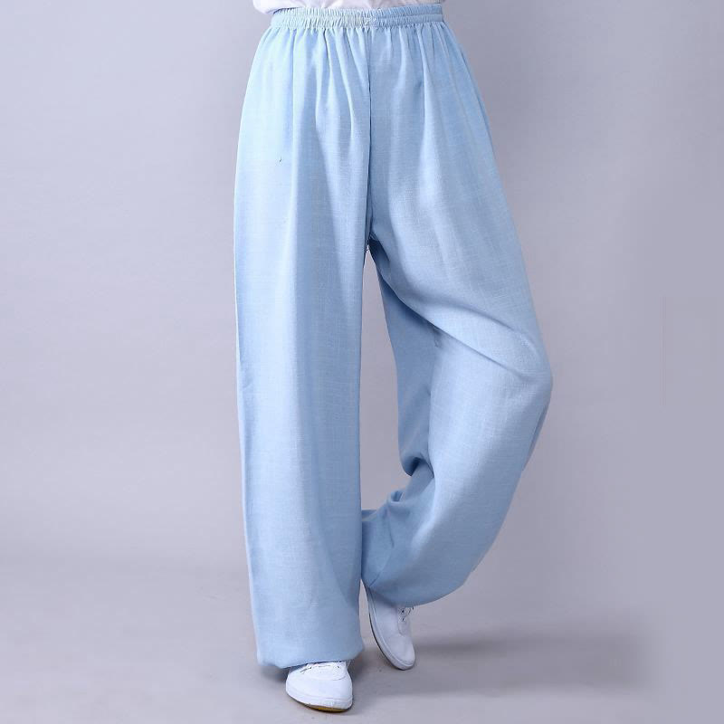 Pantalones de verano de Buddha Stones con cintura elástica para la práctica de Tai Chi y Qigong, de algodón y lino unisex - Cian claro - 3XL- APTO PARA US./ UK/AU/ EU- 2XL - image 15