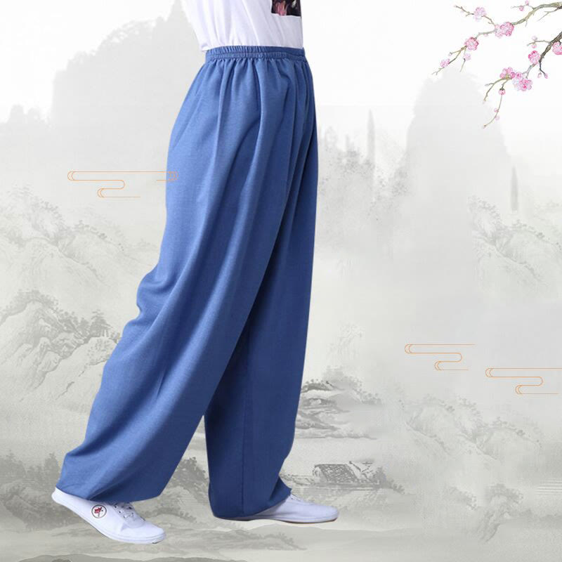 Pantalones de verano de Buddha Stones con cintura elástica para la práctica de Tai Chi y Qigong, de algodón y lino unisex - image 9