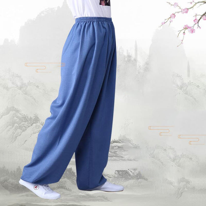 Pantalones de verano de Buddha Stones con cintura elástica para la práctica de Tai Chi y Qigong, de algodón y lino unisex - image 9
