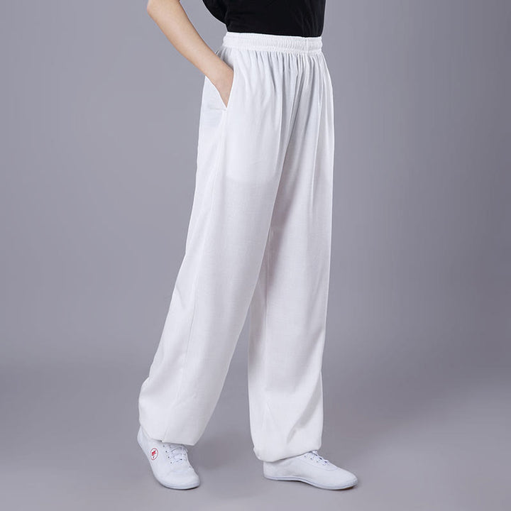 Pantalones de verano unisex de Buddha Stones con cintura elástica para la práctica de Tai Chi Qigong, transpirables, de algodón y lino, con bolsillos - Blanco - 3XL- APTO PARA US . UK/AU - 2XL - image 1