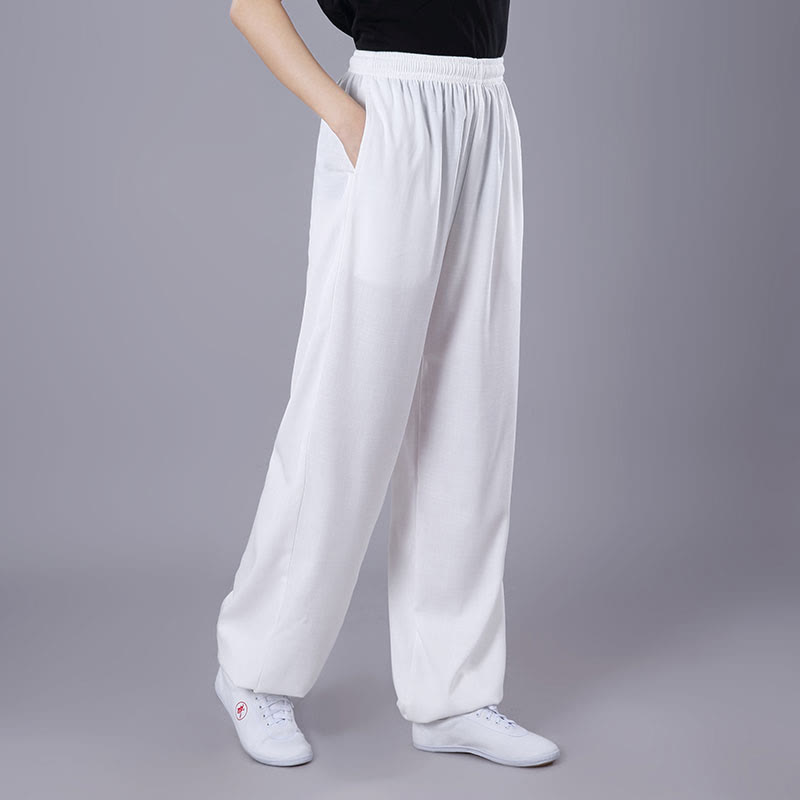 Pantalones de verano unisex de Buddha Stones con cintura elástica para la práctica de Tai Chi Qigong, transpirables, de algodón y lino, con bolsillos - Blanco - 3XL - Equivalente a la 2XL de EE. US./ UK/AU/ EU - image 1