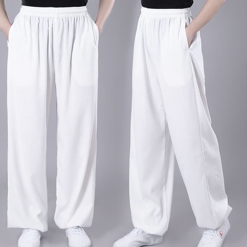 Pantalones de verano unisex de Buddha Stones con cintura elástica para la práctica de Tai Chi Qigong, transpirables, de algodón y lino, con bolsillos - image 2