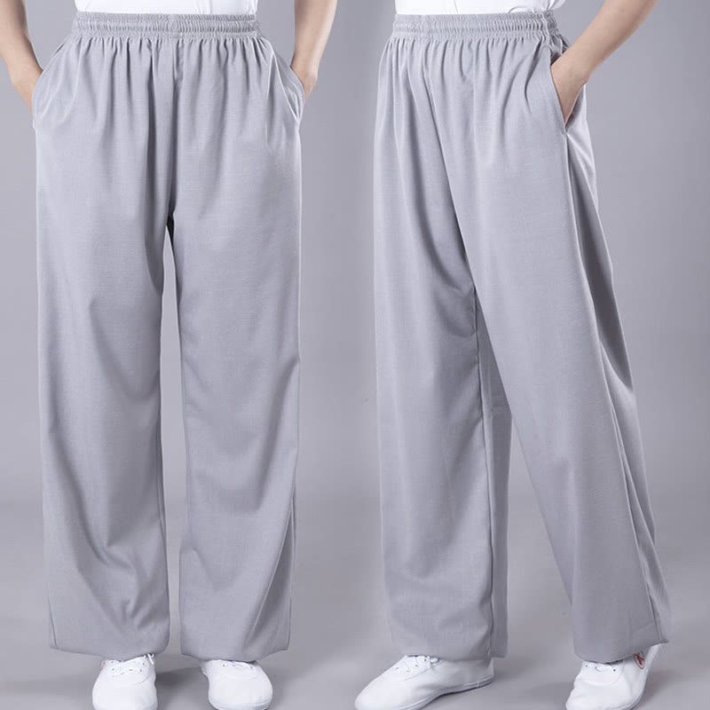 Pantalones de verano unisex de Buddha Stones con cintura elástica para la práctica de Tai Chi Qigong, transpirables, de algodón y lino, con bolsillos - image 8