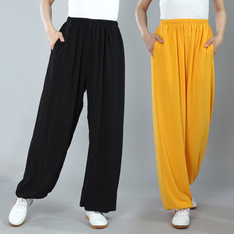 Pantalones de Algodón Transpirables con Bolsillos y Cintura Elástica de Verano Unisex para Práctica de Tai Chi Kung Fu Qigong Buddha Stones - image 0