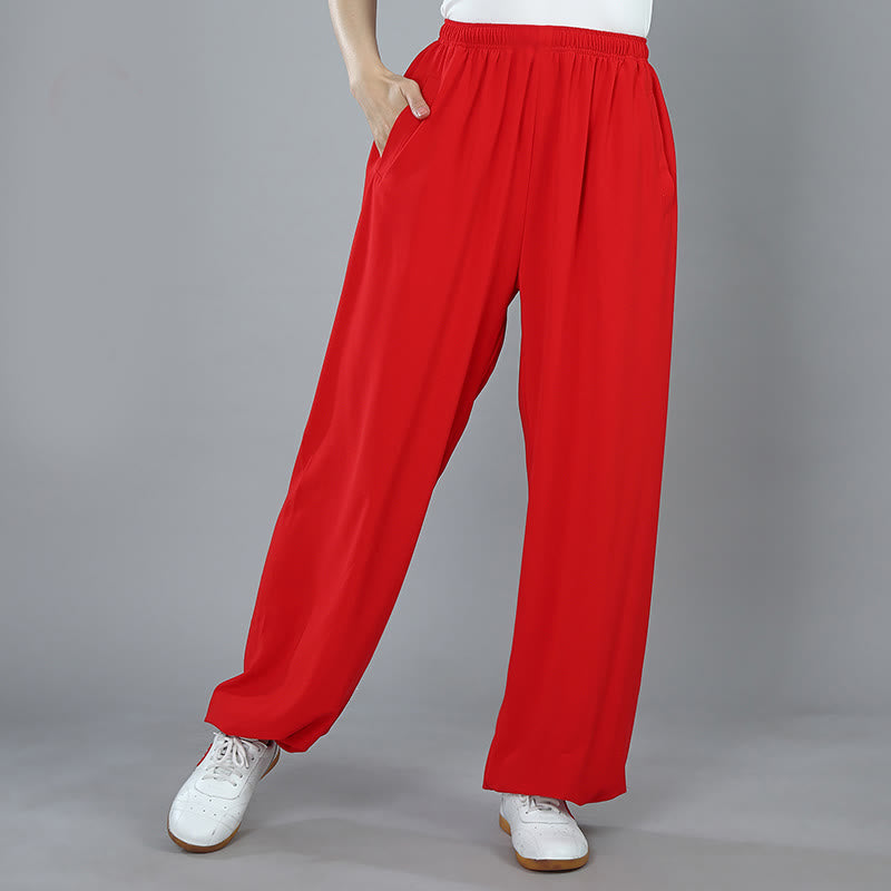 Pantalones de Algodón Transpirables con Bolsillos y Cintura Elástica de Verano Unisex para Práctica de Tai Chi Kung Fu Qigong Buddha Stones - Rojo - 3XL- APTO PARA US . UK/AU - 2XL - image 14