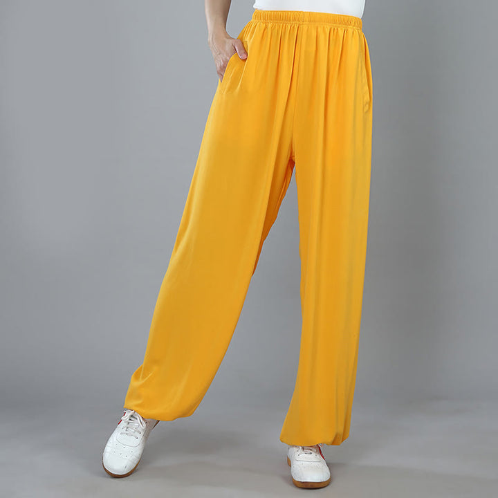 Pantalones de Algodón Transpirables con Bolsillos y Cintura Elástica de Verano Unisex para Práctica de Tai Chi Kung Fu Qigong Buddha Stones - Amarillo - 3XL- APTO PARA US . UK/AU - 2XL - image 9