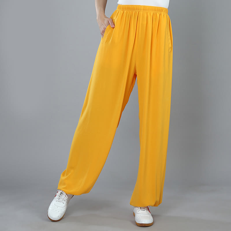 Pantalones de Algodón Transpirables con Bolsillos y Cintura Elástica de Verano Unisex para Práctica de Tai Chi Kung Fu Qigong Buddha Stones - Amarillo - 3XL - Equivalente a la 2XL de EE. US./ UK/AU/ EU - image 9