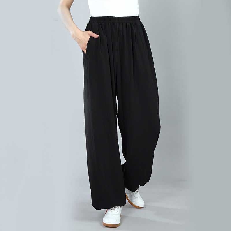 Pantalones de Algodón Transpirables con Bolsillos y Cintura Elástica de Verano Unisex para Práctica de Tai Chi Kung Fu Qigong Buddha Stones - image 3