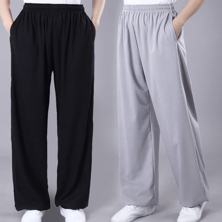 Pantalones de verano unisex de Buddha Stones con cintura elástica para la práctica de Tai Chi Qigong, transpirables, de algodón y lino, con bolsillos - image 0