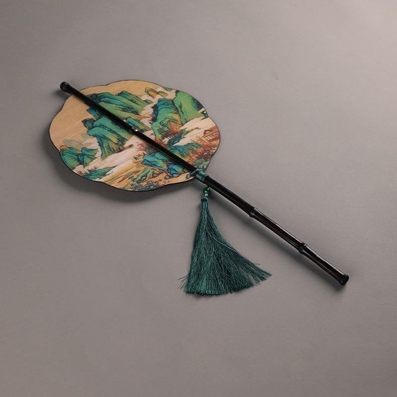 Buddha Stones Abanico Portátil de Mango Largo Enrollable Hecho a Mano de Bambú en Miles de Ríos y Montañas