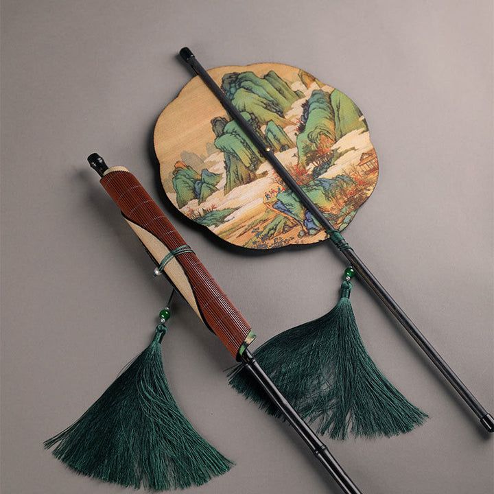 Buddha Stones Abanico Portátil de Mango Largo Enrollable Hecho a Mano de Bambú en Miles de Ríos y Montañas